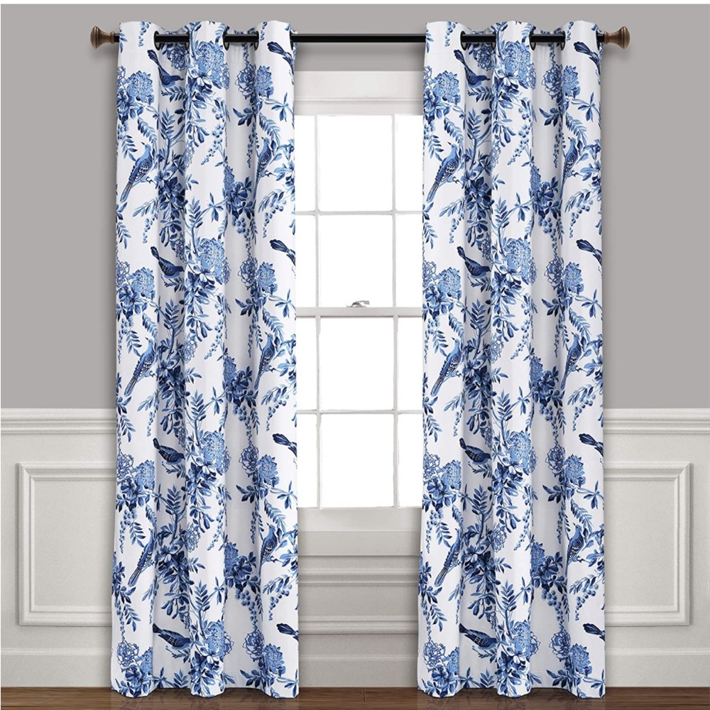White and Blue Farmhouse Bird and Flower Insulated Blackout Window Curtains